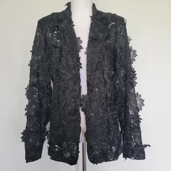 NWOT Black Floral Lace 3-D Applique Embroidery 1 Button Textured Blazer Sz XL - Picture 12 of 16